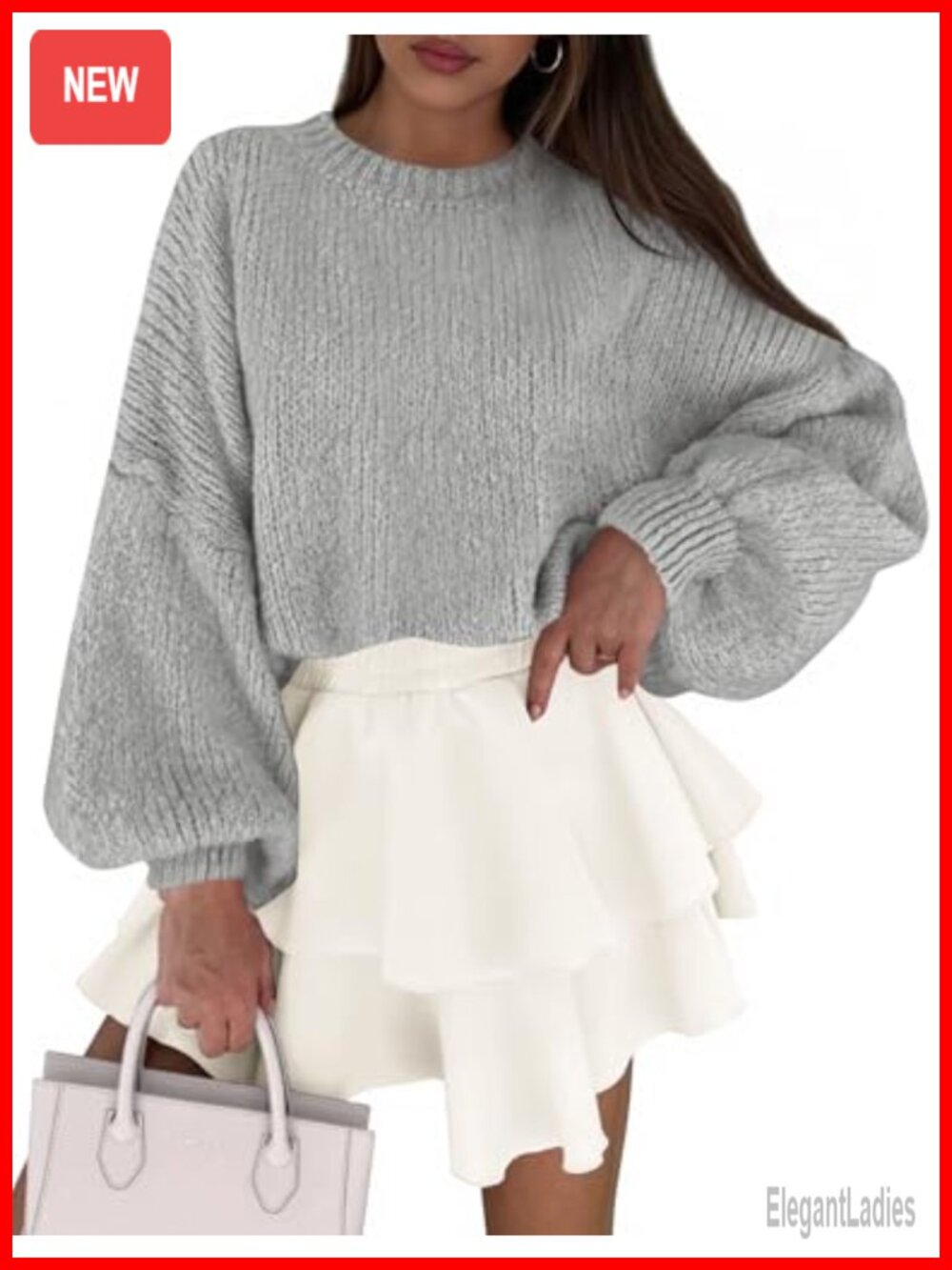 Chunky Knit Oversized Pullover Sweater Crewneck Lantern Sleeve